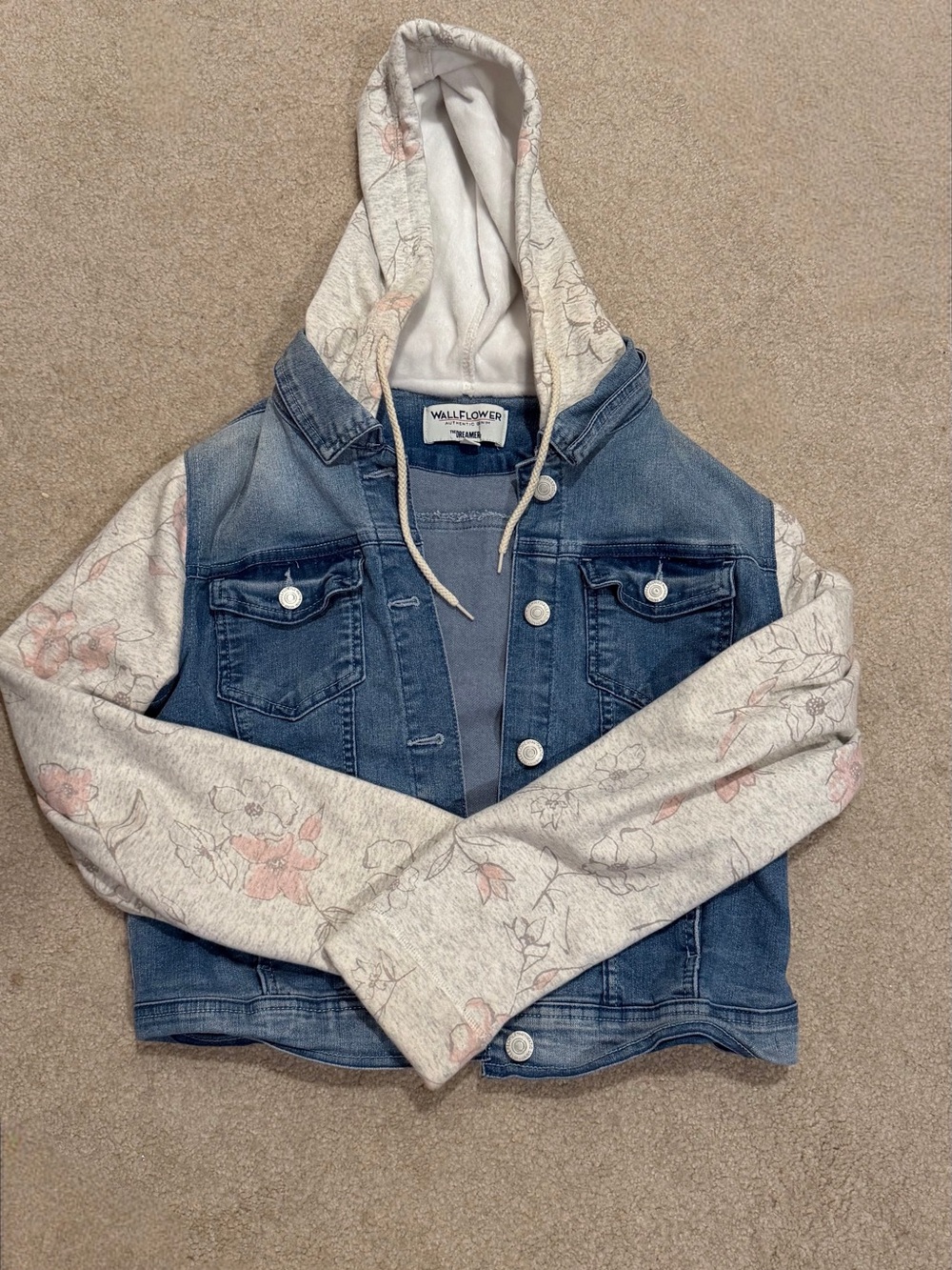Wallflower Blue Denim Jacket with Cream Floral Hoodie and Sleeves youth size L